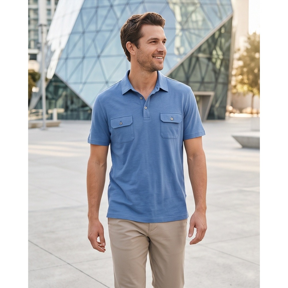 Perry Ellis Mens‎ XL Pima Cotton Short Sleeve Utility Polo Shirt Blue Golfcore
